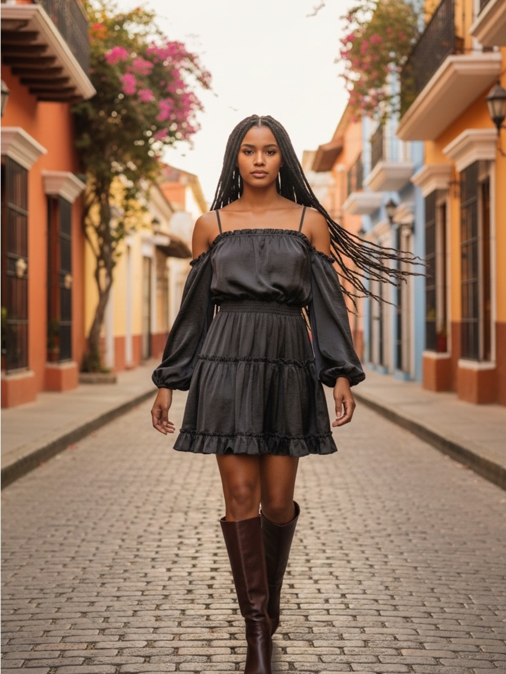 Listicle Black Off-Shoulder Tiered Mini Dress with Balloon Sleeves